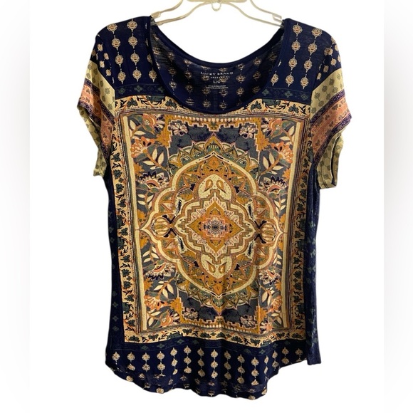 Lucky Brand blouse Persian art inspired pop over crewneck lightweight navy Large - Picture 2 of 8